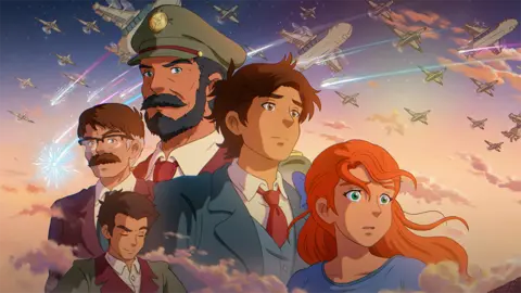 Mano Animations A hand-drawn poster image, featuring five characters drawn in a Japanese anime-inspired art style. A bearded man in military cap looms over a professorial-looking gentleman with a thick moustache and glasses, with three younger characters in the foreground. Behind them a phalanx of warplanes flies through the sky in formation.