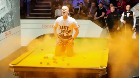 PA Media Man on a snooker table at the Crucible Theatre