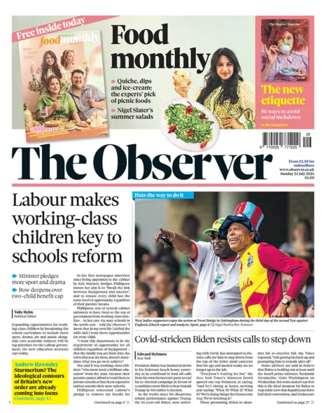 The headline on the front page of The Observer reads: "Labour makes working-class children key to schools reform". 