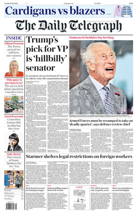 The headline in the Telegraph reads: "Trump's pick for VP is 'hillbilly' senator". 