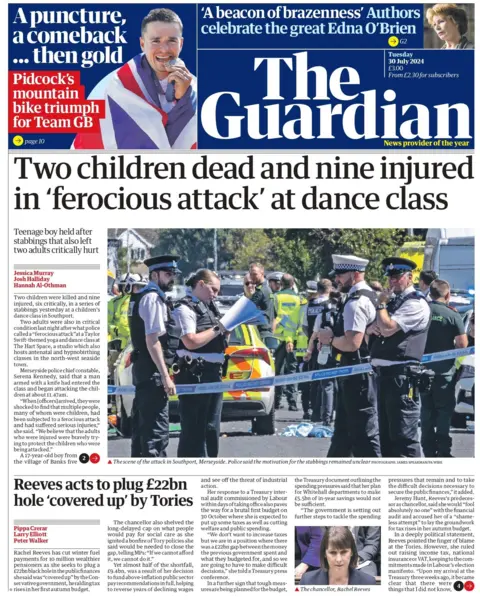 BBC The headline on the front page of the Guardian reads: "Two children dead and nine injured in 'ferocious attack' at dance class 