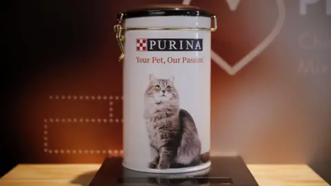 Getty Images A reusable pet food container with the Purina branding at the top and a photo of a long haired cat on it.