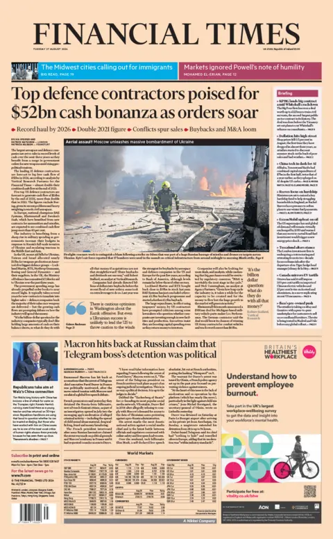 The main headline on the front page of the Financial Times reads: "Top defence contractors poised for $52bn cash bonanza as orders soar"