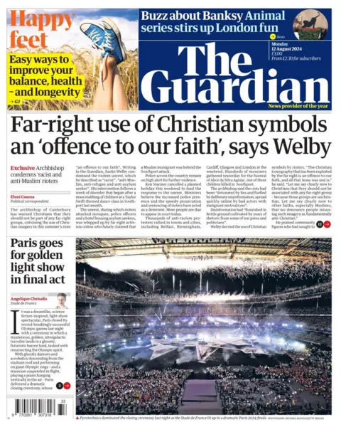 The headline in the Guardian reads: Far-right use of Christian symbols an offence to our faith, says Welby