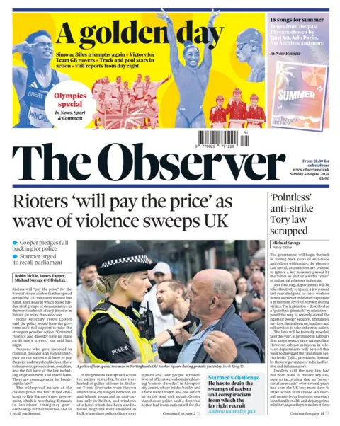 The headline on the front page of the Observer reads: "Rioters 'will pay the price' as wave of violence sweeps UK"