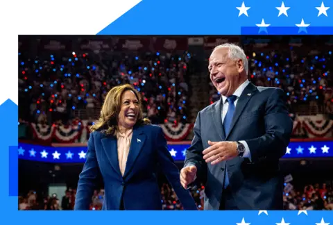 Kamala Harris with her vice presidential running mate Tim Walz 