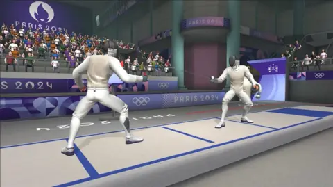 nWay A screenshot shows two competitors about to engage in a fencing bout. They are wearing protective gear.