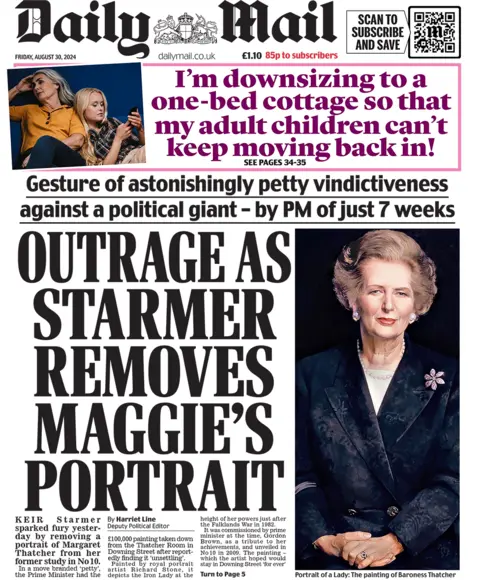 The main headline on the front page of the Daily Mail reads: "Outrage as Starmer removes Maggie's portrait"