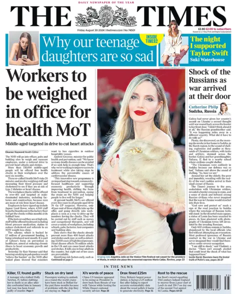 The main headline on the front page of the Times reads: "Workers to be weighed in office for health MoT"