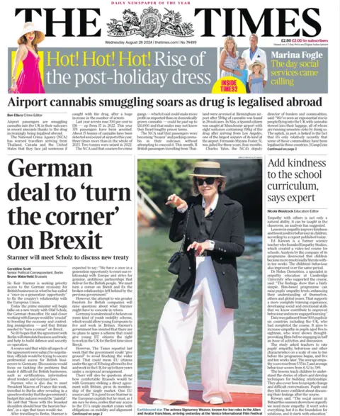 The main headline on the front page of the Times reads: "German deal to 'turn the corner' on Brexit"