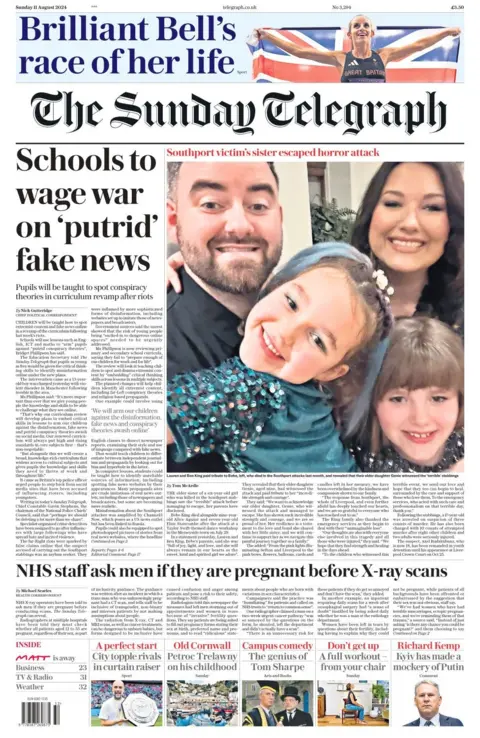 The headline in the Sunday Telegraph reads: Schools wage war on 'putrid' fake news