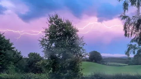 Gareth McFarland Lightning across the sky. The sky is a lilac and blue colour. There are trees and grass beneath it.