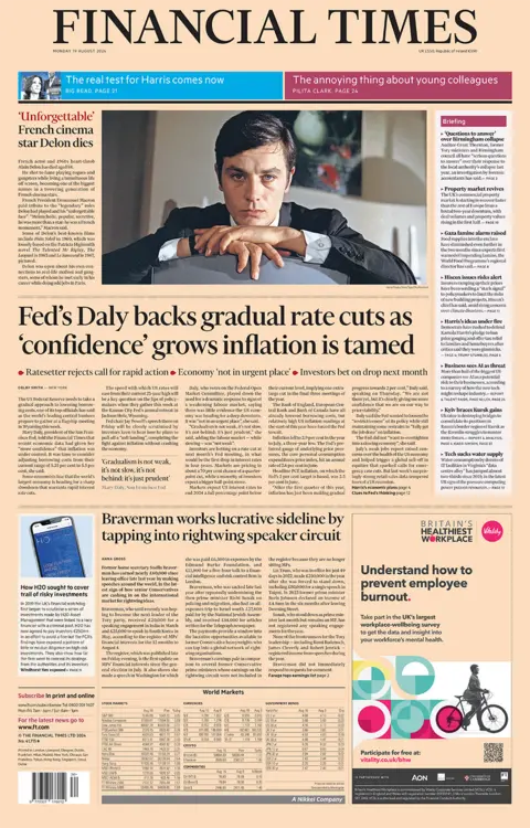 The main headline on the front page of the Financial Times reads: "Fed's Daly backs gradual rate cuts as 'confidence grows inflation is tamed"