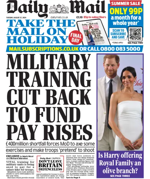 The main headline on the front page of the Daily Mail reads: "military training cut back to fund pay rises"