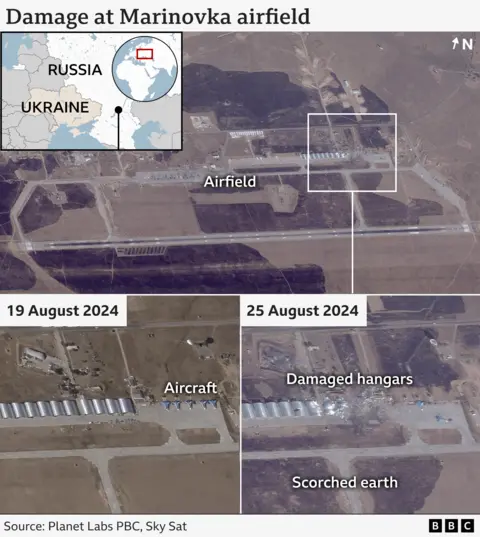 Satellite imagery of Marynovka airfield before and after drone strikes