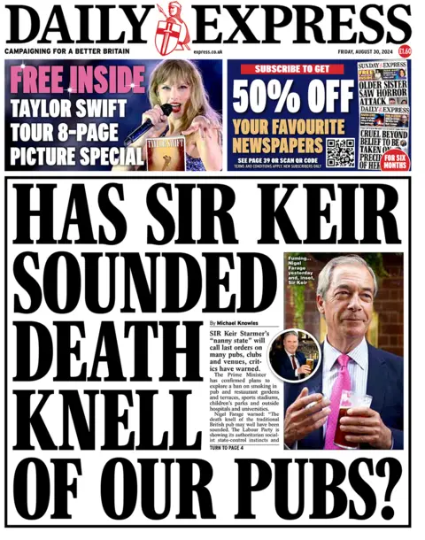 The main headline on the front page of the Daily Express reads: "Has Sir Keir sounded death knell of our pubs?”