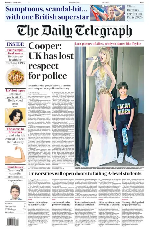 The headline in the Daily Telegraph reads: Cooper: UK has lost respect for police