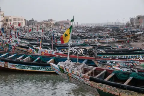 Getty Images Narrow, canoe-style fishing boats - known locally as pirogues - are moored close to the shore in Saint-Louis, Senegal.