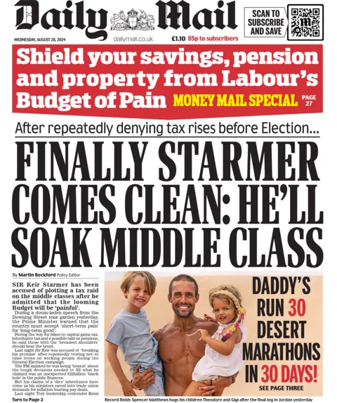 The main headline on the front page of the Daily Mail reads: “Finally Starmer comes clean: He’ll soak middle class”