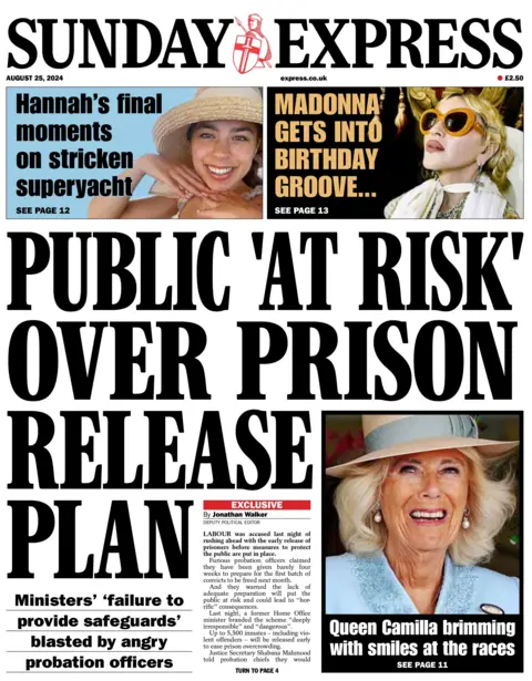 Labour has been accused over rushing plans to release prisoners early, before adequate measures have been put in place to protect the public, The Sunday Express reports. The front page teases stories about Madonna's birthday party, and includes the same photo of Hannah Lynch as The Telegraph. 