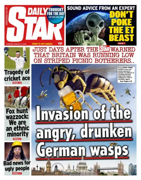 The headline in the Daily Star reads: Invasion of the angry, drunken German wasps