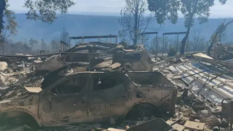 Two burnt vehicles sit where Mr. Pero's garage once stood 