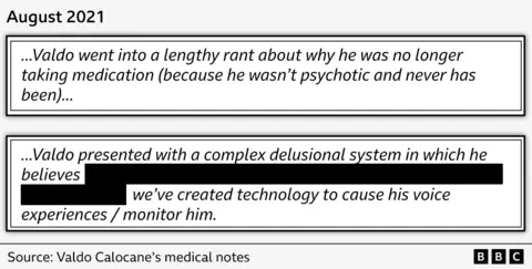 A graphic showing extracts from Valdo Calocane's medical notes from August 2021, saying: "Valdo went into a lengthy rant about why he was no longer taking medication (because he wasn't psychotic and never has been)" and "Valdo presented with a complex delusional system in which he believes... we've created technology to cause his voice experiences / monitor him."