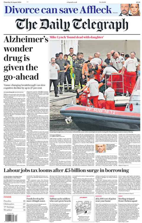 The Telegraph front page, 22 August 