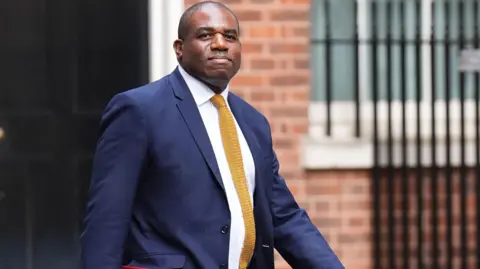 PA David Lammy walks along in front of a brick building. He is wearing a navy suit and yellow tie while holding a red file.