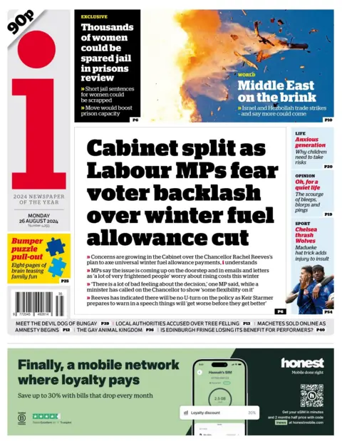 According to the i, Cabinet is "split" as concerns grow over a potential voter backlash over the chancellor Rachel Reeves' plan to axe winter fuel allowance payments. She has indicated there will be no U-turn on the policy, and letters from constituents suggest people are worried about this issue, the paper says. 