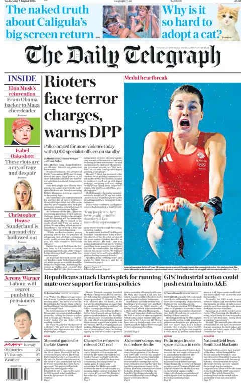 Daily Telegraph: Rioters face terror charges, warns DPP