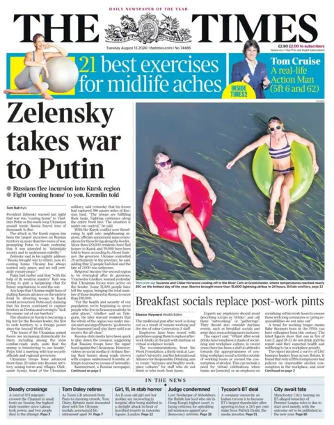 The headline in the Times reads: Zelensky takes war to Putin