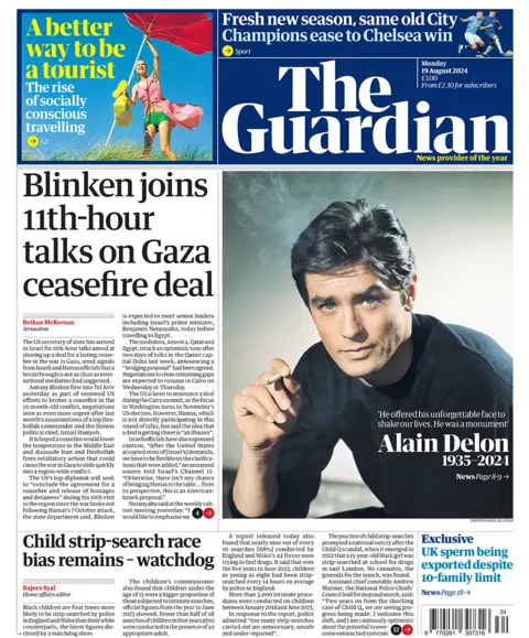 The main headline on the front page of the Guardian reads: "Blinken joins 11th-hour talks on Gaza ceasefire deal"