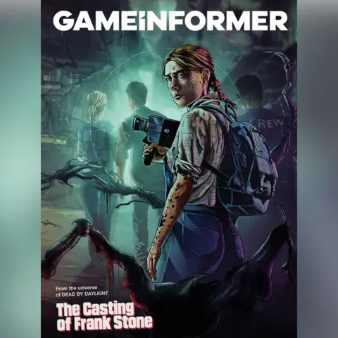 Game Informer A cover of Game Informer - the magazine's title is written in capital letters at the top of the page. A cartoon drawing of a young woman holding an old-fashioned video camera and nervously looking back over her shoulder as three other people walk ahead of her is the cover image. At the bottom the words "From the universe of Dead by Daylight - The Casting of Frank Stone" can be seen.