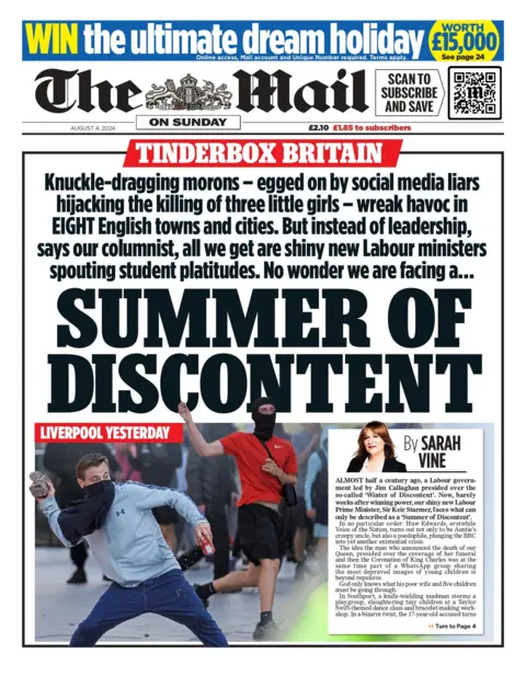 The headline on the front page of the Mail on Sunday reads: "Summer of discontent"