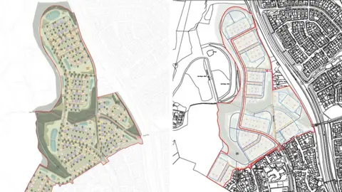 Telford and Wrekin Council Two images of a planning outline for a housing estate, shaped with a large area of housing at the bottom, and a longer curved stretch of housing extending from it.