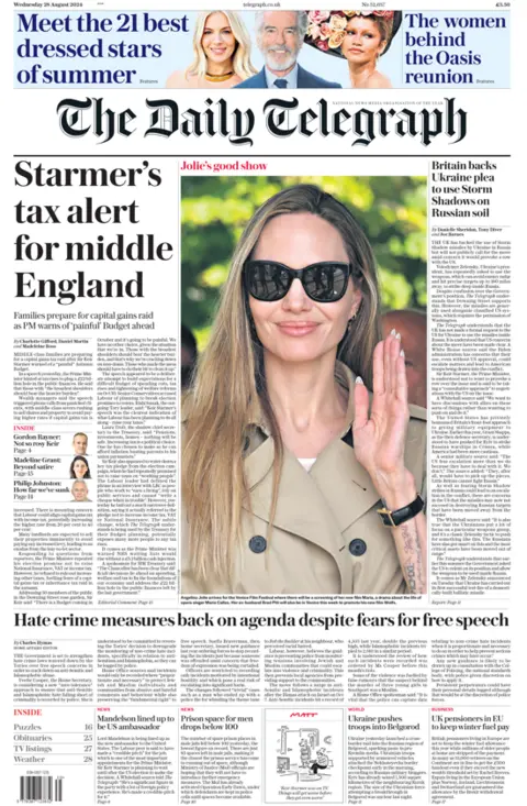 The main headline on the front page of the Daily Telegraph reads: “Starmer’s tax alert for middle England”