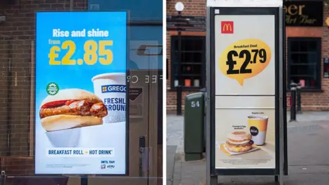 Alamy Split picture showing a Greggs advert in a shop window for a £2.8r breakfast deal and, on the right, a McDonald's advert on a phone box for a £2.79 breakfast deal