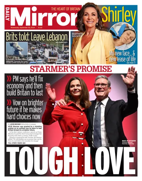 The front page of the Daily Mirror. The headline reads: 'Starmer's promise: Tough love' and 'Brits told: leave Lebanon'.