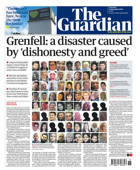 The headline in the Guardian reads: "Grenfell: a disaster caused by 'dishonesty and greed'". 