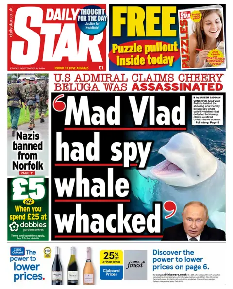 The headline in the Star reads: "Mad Vlad had spy whale whacked". 