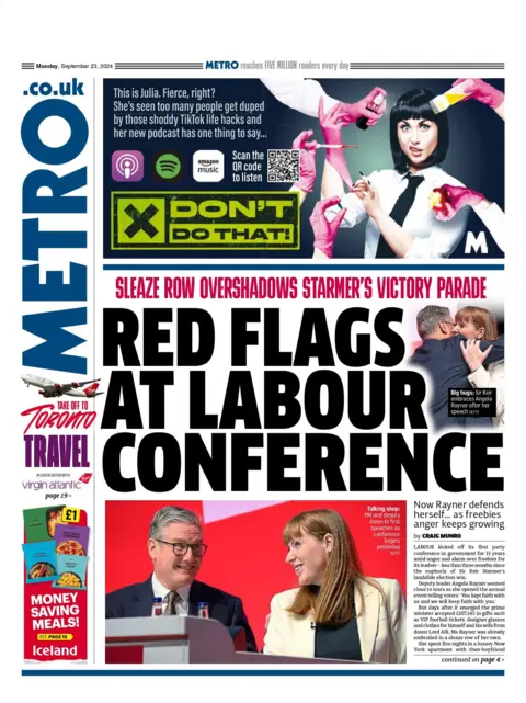 The Metro headline reads: Red flags at Labour conference 