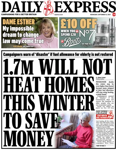 Daily Express headlines "1.7m will not heat homes this winter to save money". 