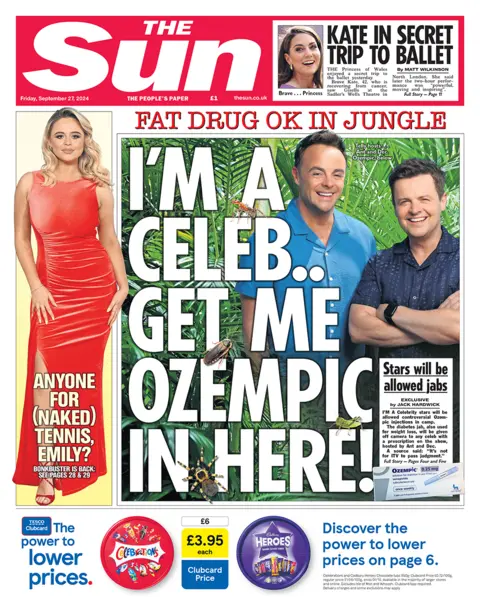 The front page of the Sun. The headline reads: 'I'm a celeb...get me Ozempic in here!'