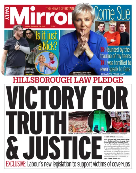 The front page of the Daily Mirror. The headline reads: 'Hillsborough law pledge: Victory for truth and justice'.