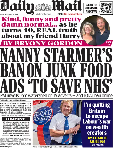 Daily Mail headline reads: Nanny Starmer's ban on junk food ads 'to save NHS'