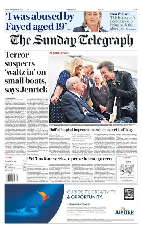 The Sunday Telegraph headline reads: Terror suspects 'waltz in' on small boats, says Jenrick 