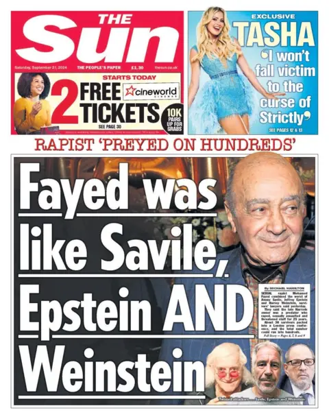 The Sun headline reads: Fayed was like Savile, Epstein and Weinstein