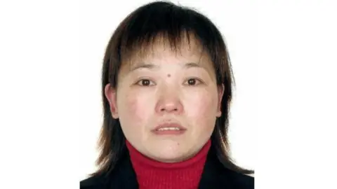 CCTV A passport-style photo of Hu Youping. She has shoulder length brown hair and is wearing a red turtle neck jumper and a black jacket.