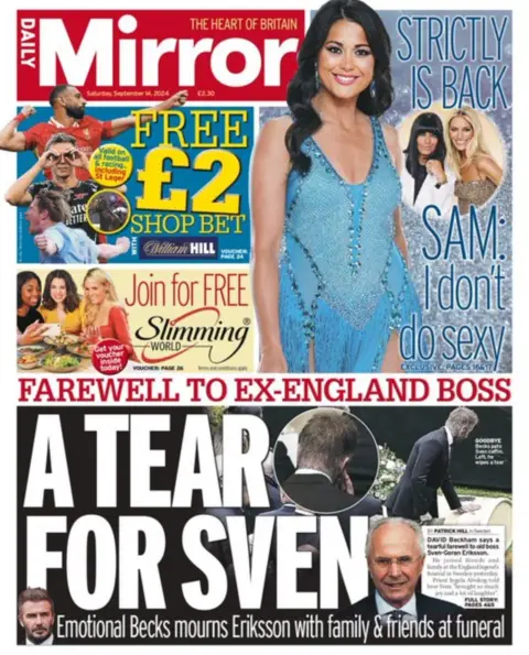 The headline on the front page of the Daily Mirror reads: 'A tear for Sven'